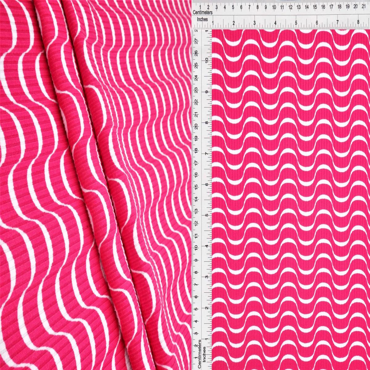 Abstract Ribbed Stretch Knit Fabric - KNT3422-Q20106 - PINK HOT/IVORY