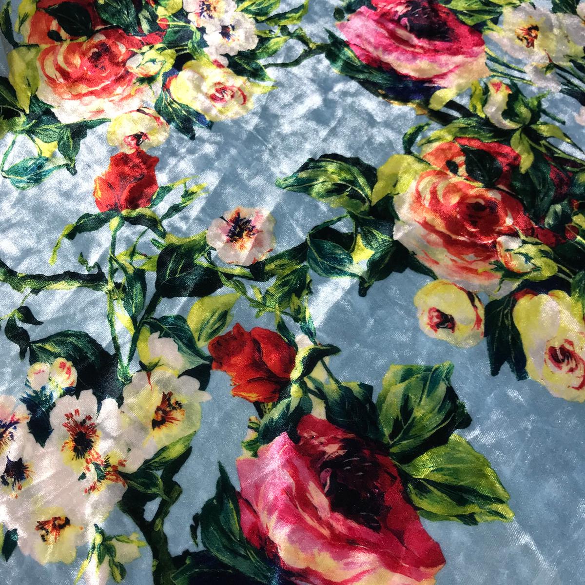 Blue with Roses Floral - Stretch Polyester Velvet Fabric - 1/4 Yard by 60"