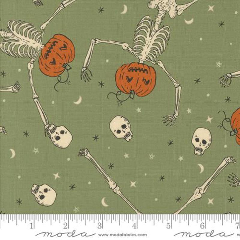 Fabric Moda Moss Dancing Skeleton Pumpkins Home Sweet Haunt by the 20913-15
