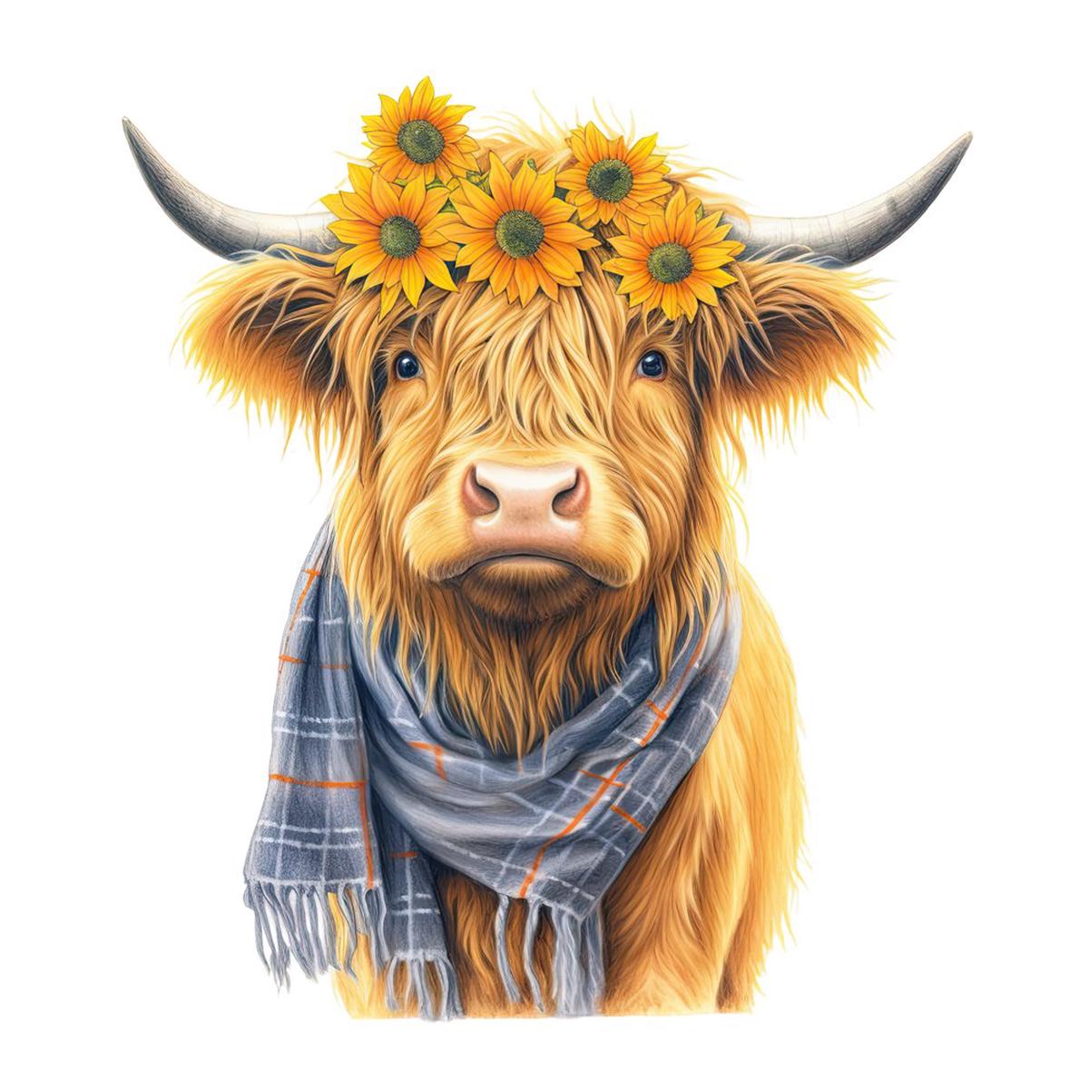 Highland Cow, Scarf, & Flowers #1 Fabric Panel