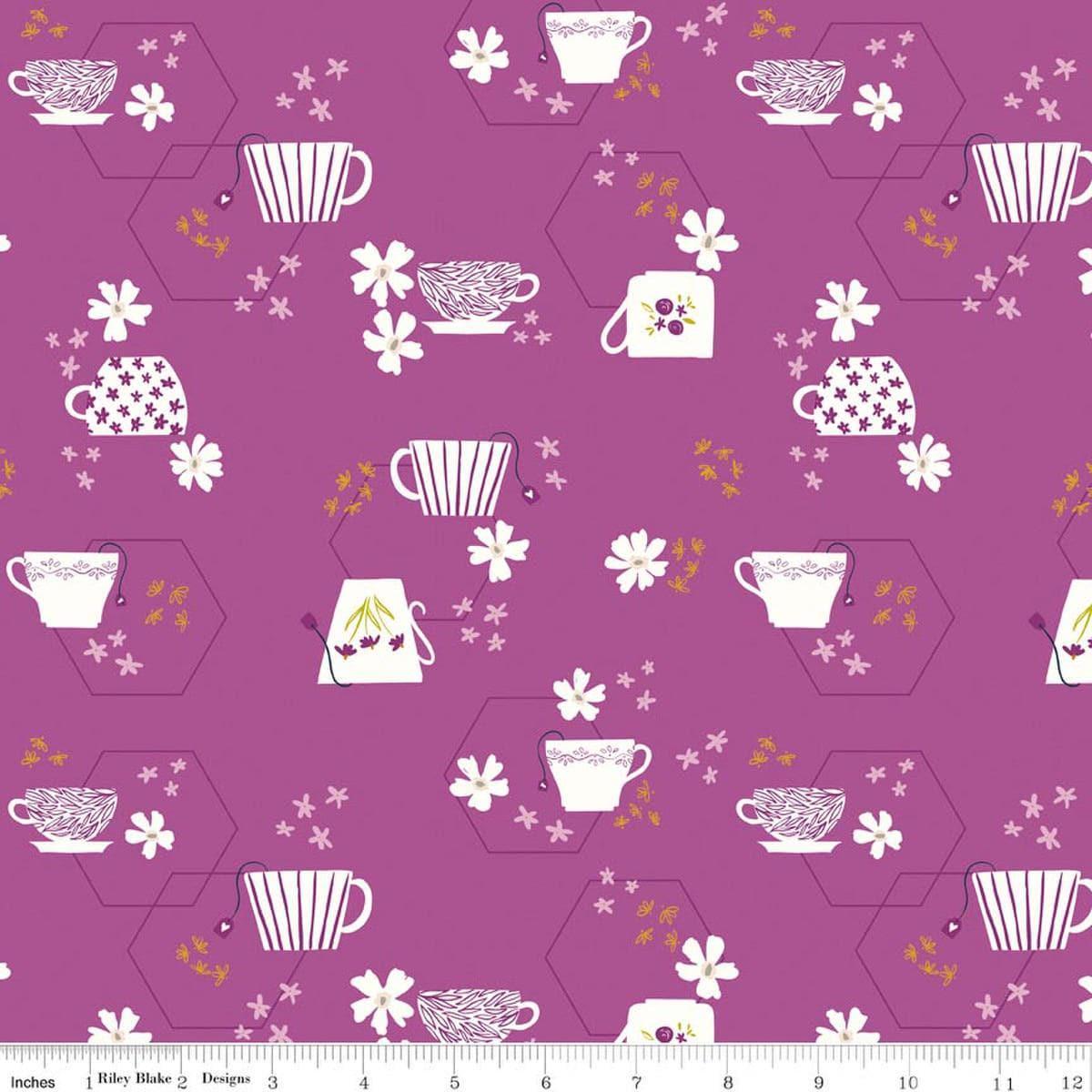 Homage Tea Time C17222 Fuchsia - Riley Blake Designs - Teacups Hexagons Flowers Scattered - Quilting Cotton Fabric