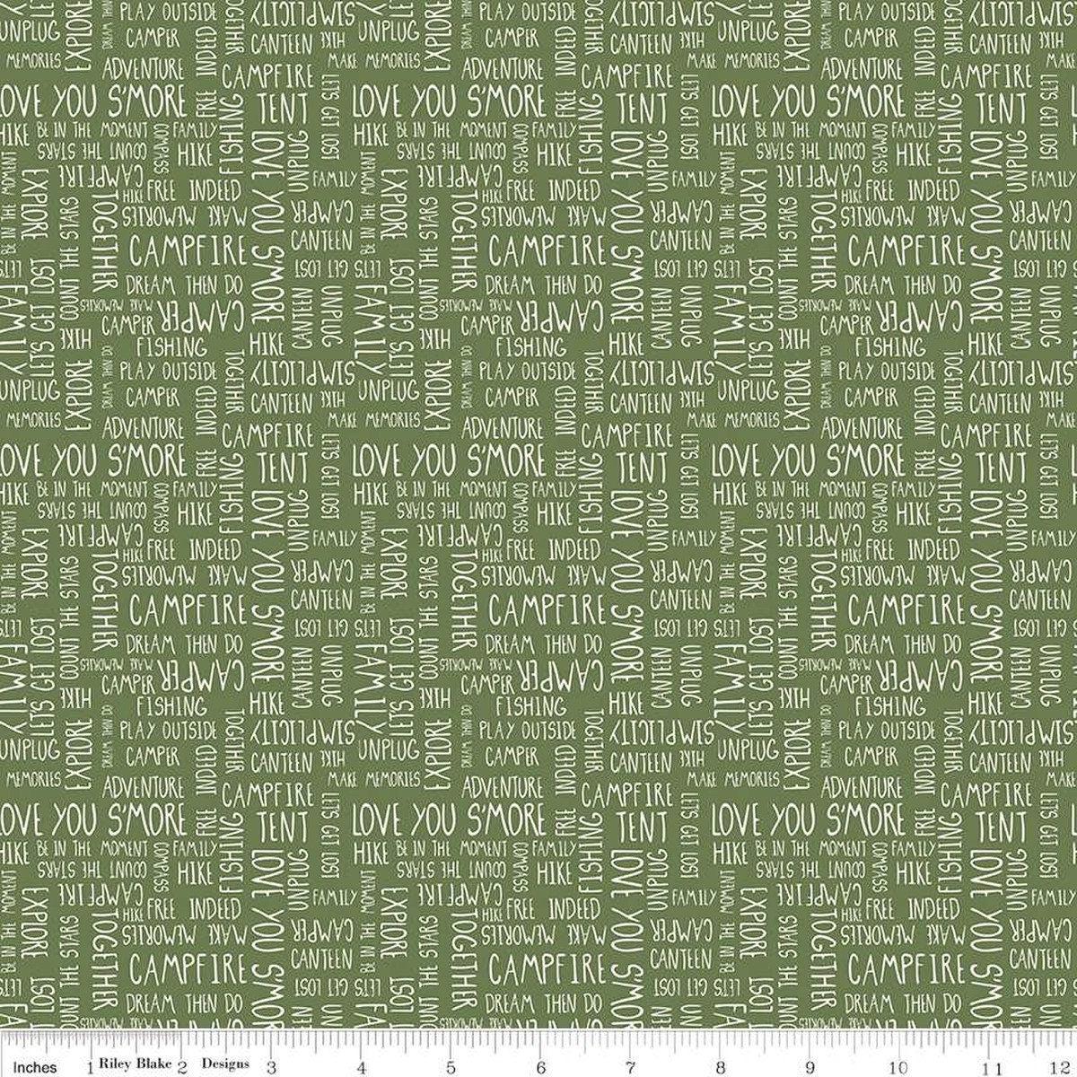 SALE Love You S'more Text C12142 Olive - Riley Blake Designs - Camp Camping Words Phrases - Quilting Cotton Fabric