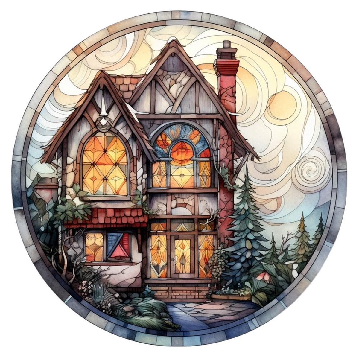 Stained Glass Christmas Cottage #5 Fabric Panel