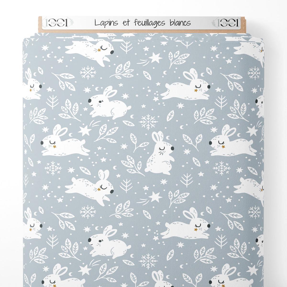 Tissu - Lapins et feuillages blancs