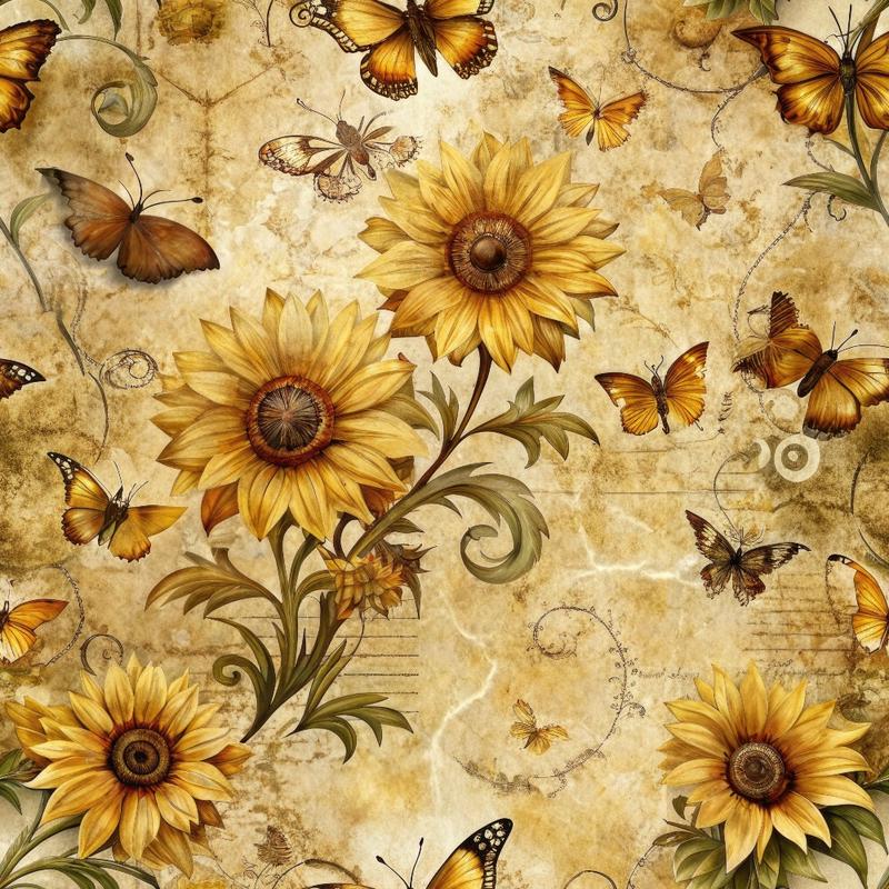Vintage Sunflowers and Butterflies Pattern 12 Quilting Cotton Fabric