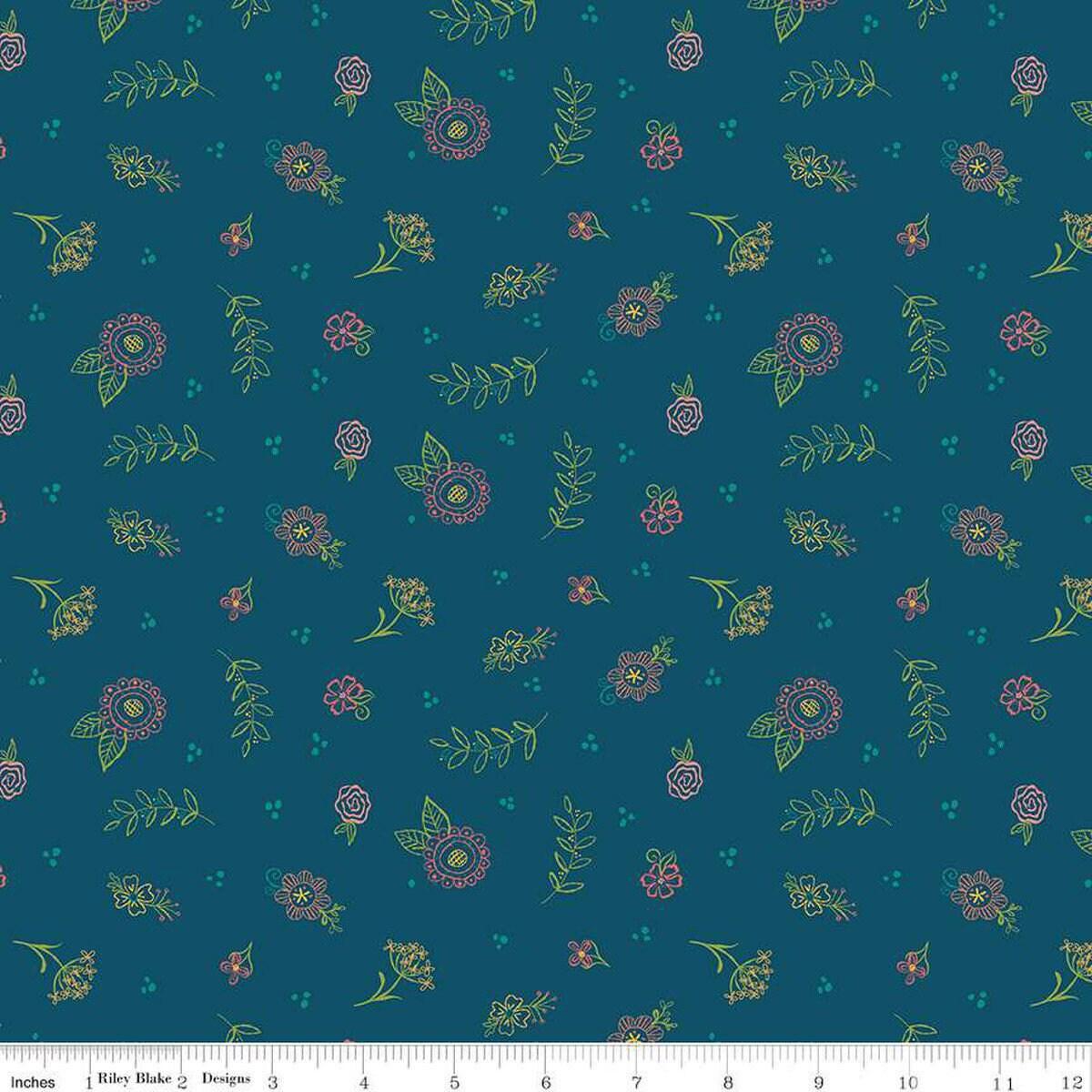 SALE Market Street Embroidery C14126 Navy - Riley Blake Designs - Dots Floral Outlined Flowers Leaves - Quilting Cotton Fabric
