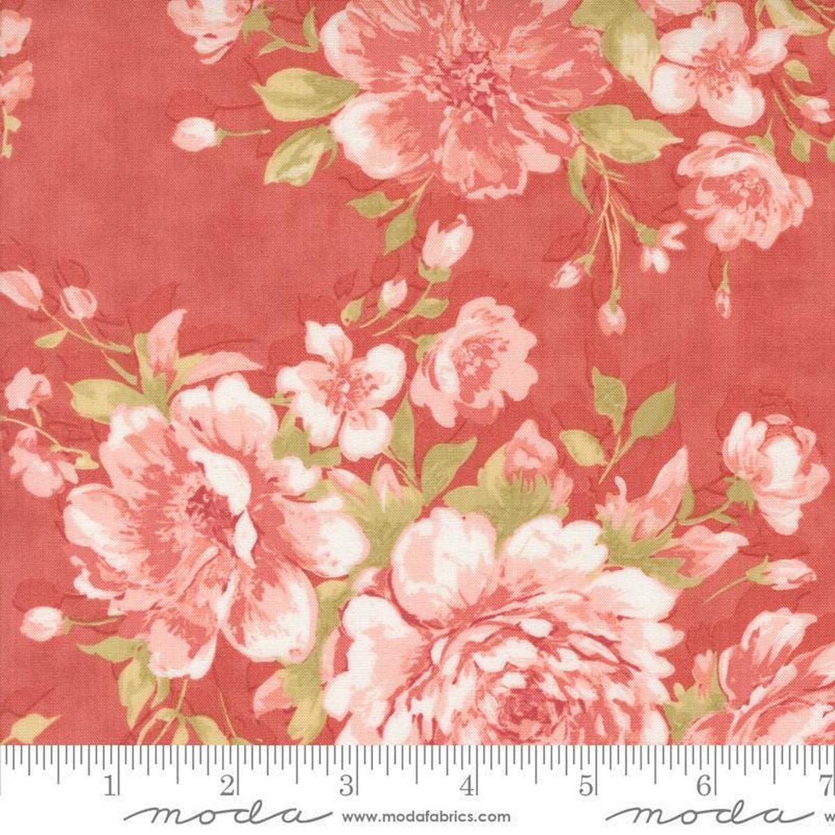 SALE Muse Rose 44390 Scarlet - Moda Fabrics - Floral Flowers Blossoms Leaves Leaf - Quilting Cotton Fabric