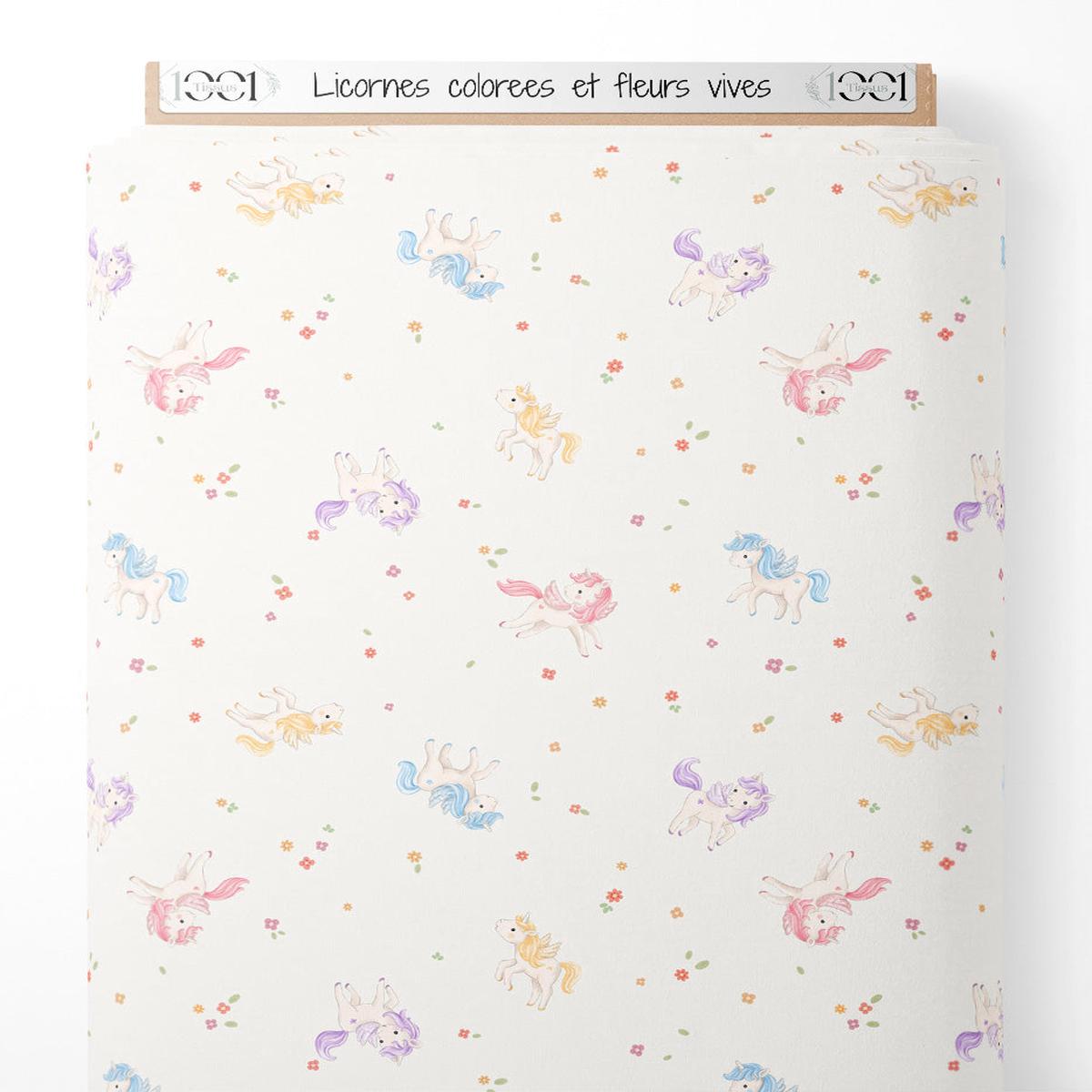 Tissu - Licornes colores et fleurs vives