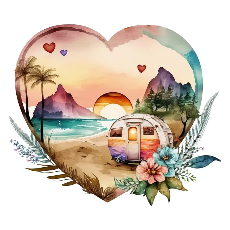 Retro Camping Beach Heart #3 Fabric Panel