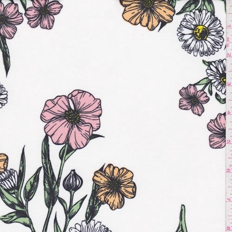 2 1/2 YD PC-Ivory Daisy Floral Double Brushed Jersey Knit Fabric