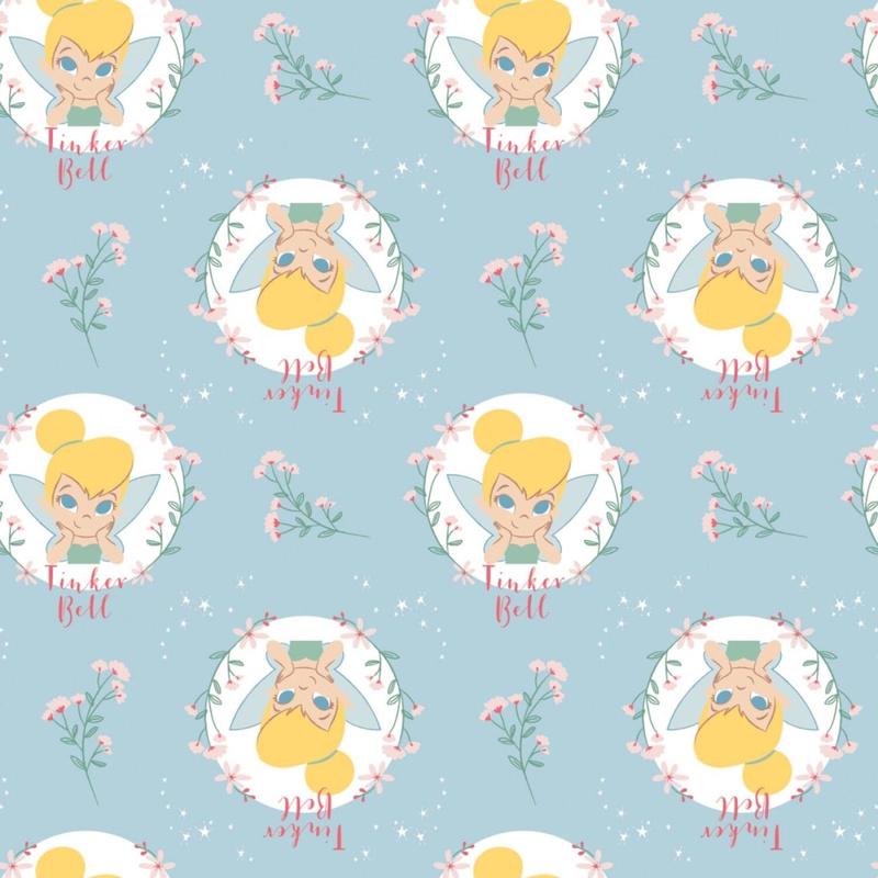 Peter Pan & Tinker Bell Floral Badges on Lt. Blue 85400303B-2 Cotton Flannel Fabric