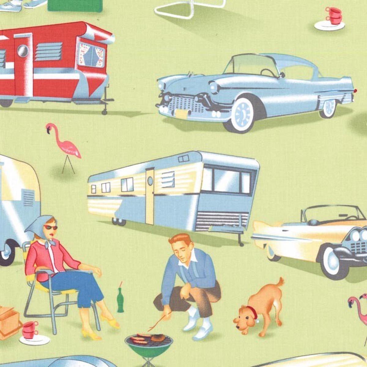 SALE Trailer Travel CX3978 Multi  - Michael Miller - Vacation Vintage Trailers Cars Dogs Pink Storks  - Quilting Cotton Fabric