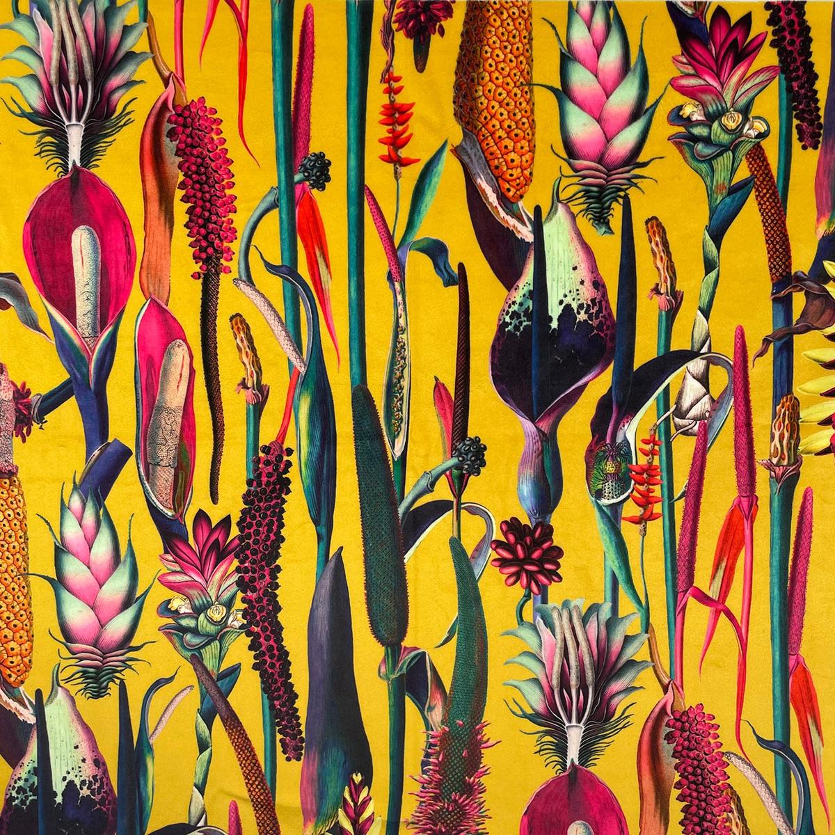 Upholstery Fabric - Heavy Weight Super Soft Plush Velvet - Botanical - Ochre Yellow