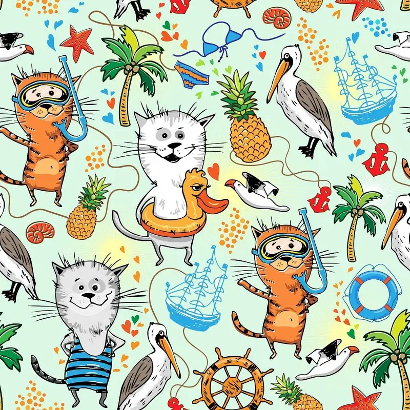 Cats & Pelicans At Sea Fabric
