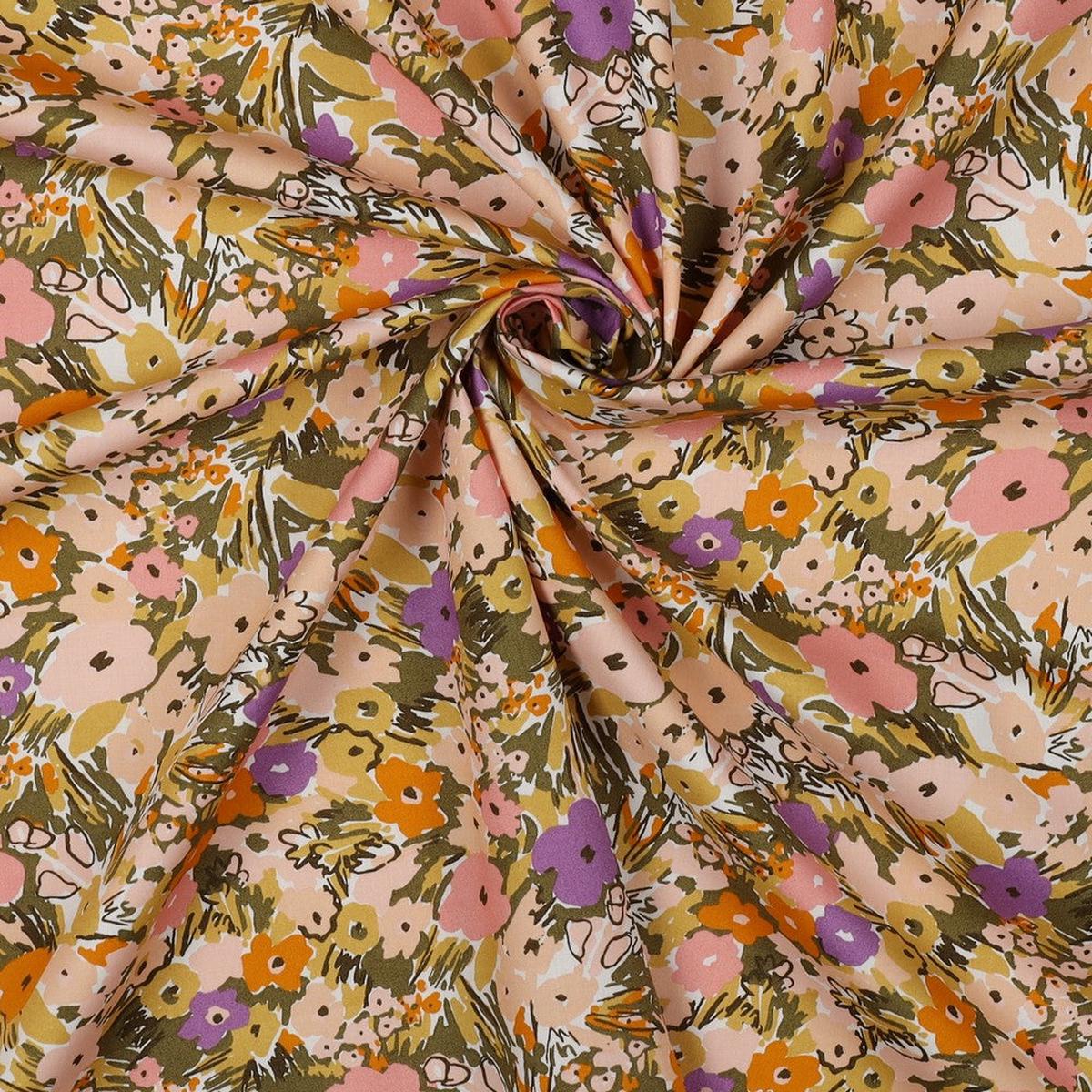 Poplin "flower festival - lilac/orange/moss" created by Nerida Hansen (price for 10cm)