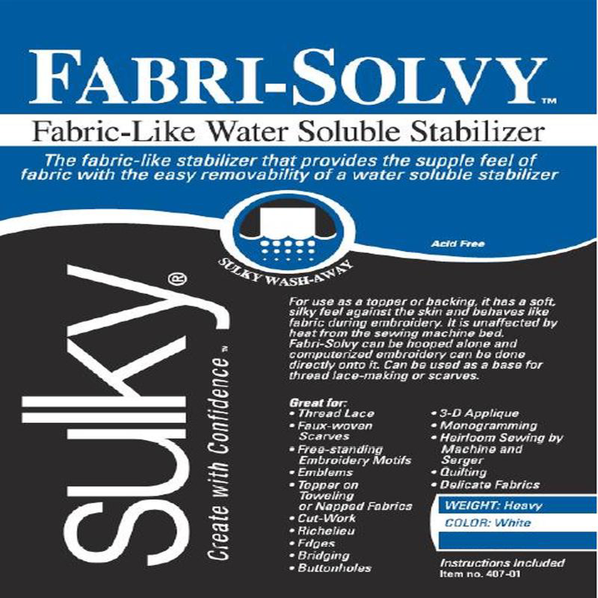 Sulky Fabri-Solvy 1958243 x 5yd Roll Firm Wash Away Embroidery Stabilizer 407-20