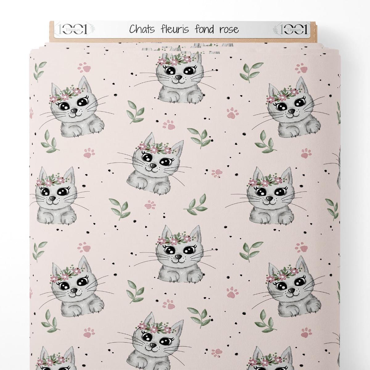 Tissu - Chats fleuris sur fond rose