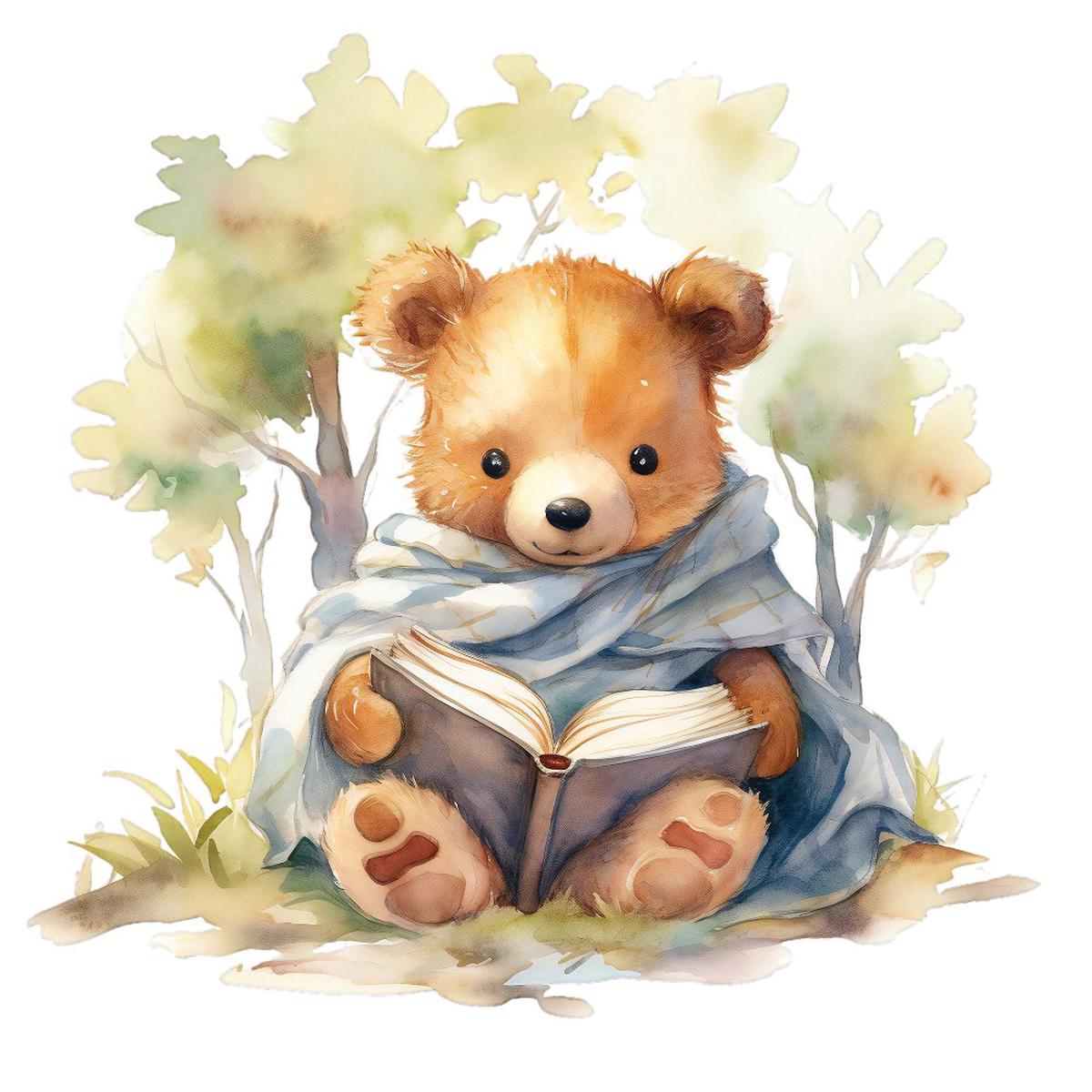 Watercolor Teddy Bears 5 Fabric Panel
