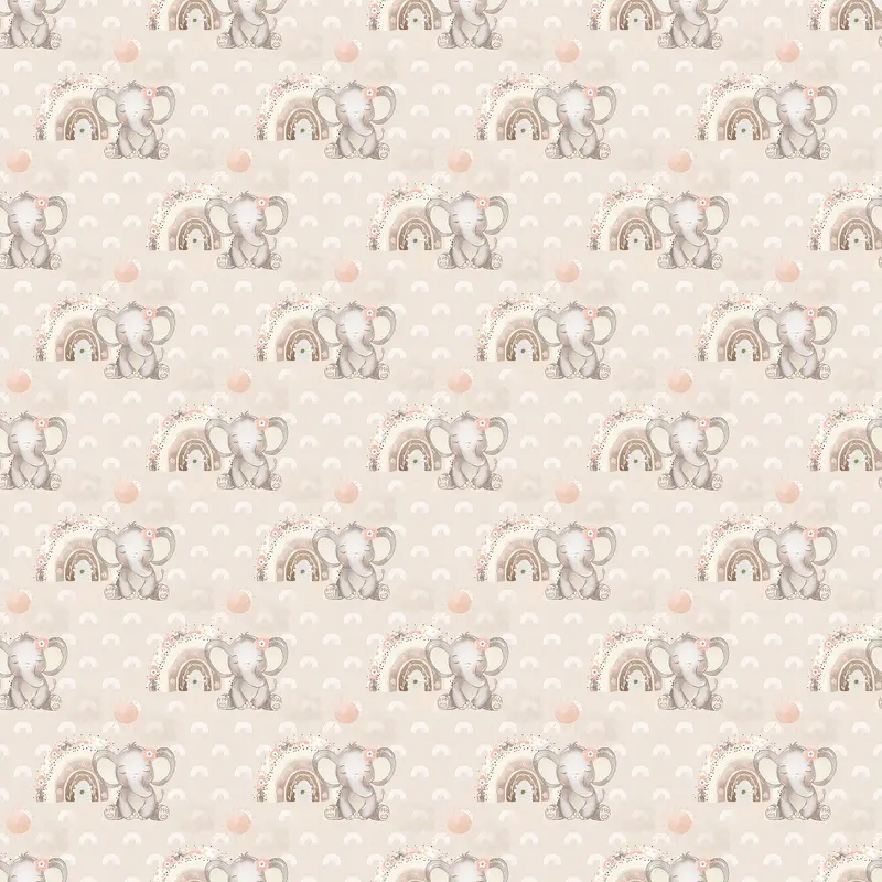 Sweet Baby Elephants & Rainbows Fabric - Tan