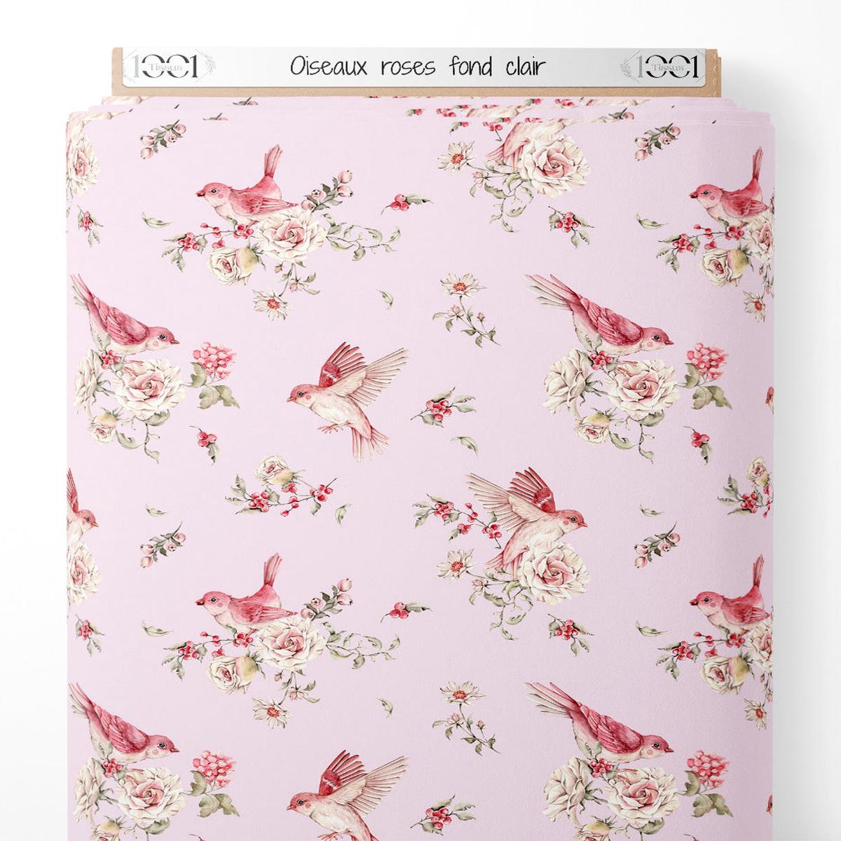 Tissu - Oiseaux roses sur fond clair