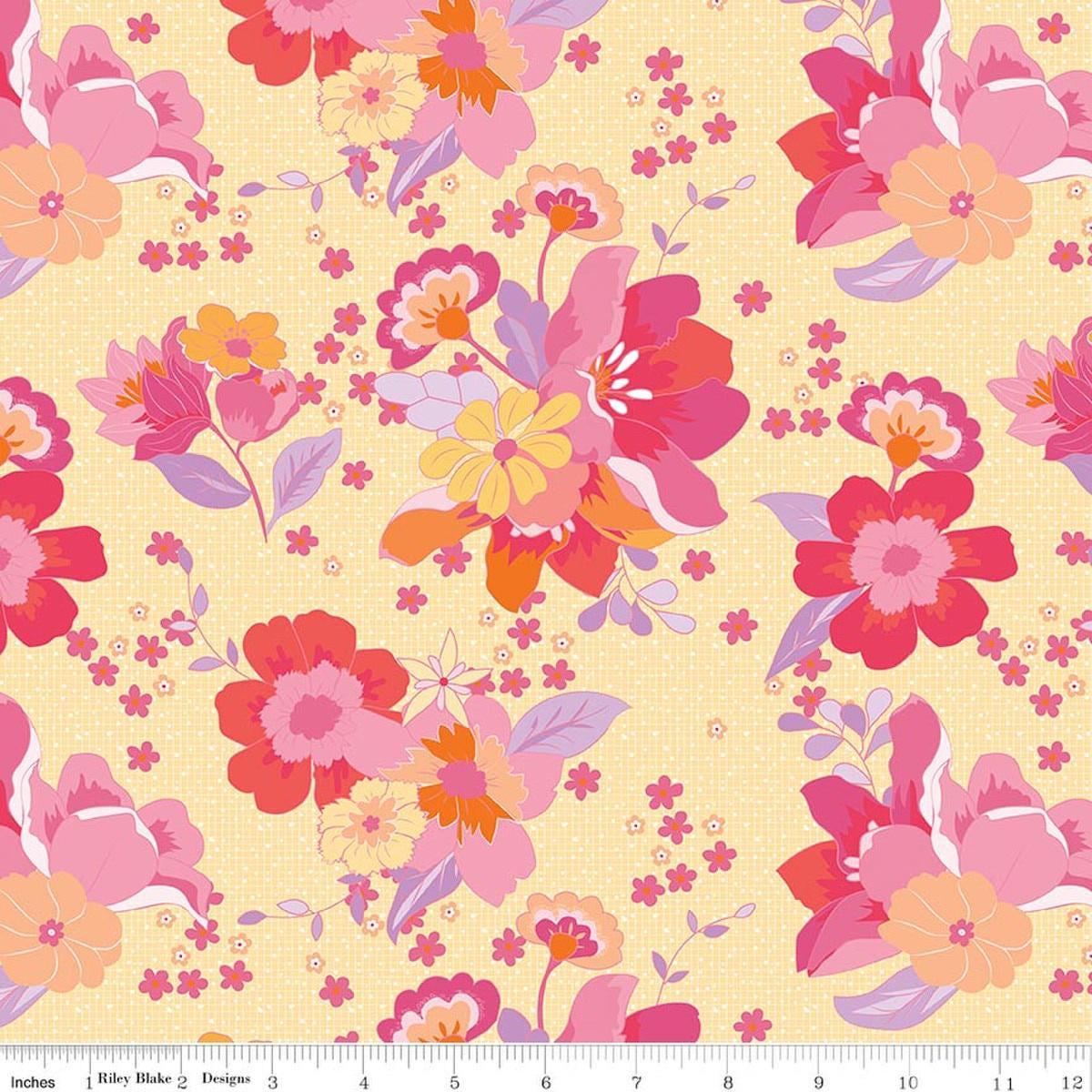 Flourish Main Lemon Yellow Floral Fabric - C17450 - Riley Blake Quilting Cotton Fabric