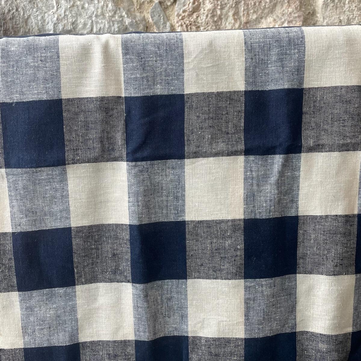 Large Chequered Navy, Black & White Yarn Dyed Linen Viscose Fabric