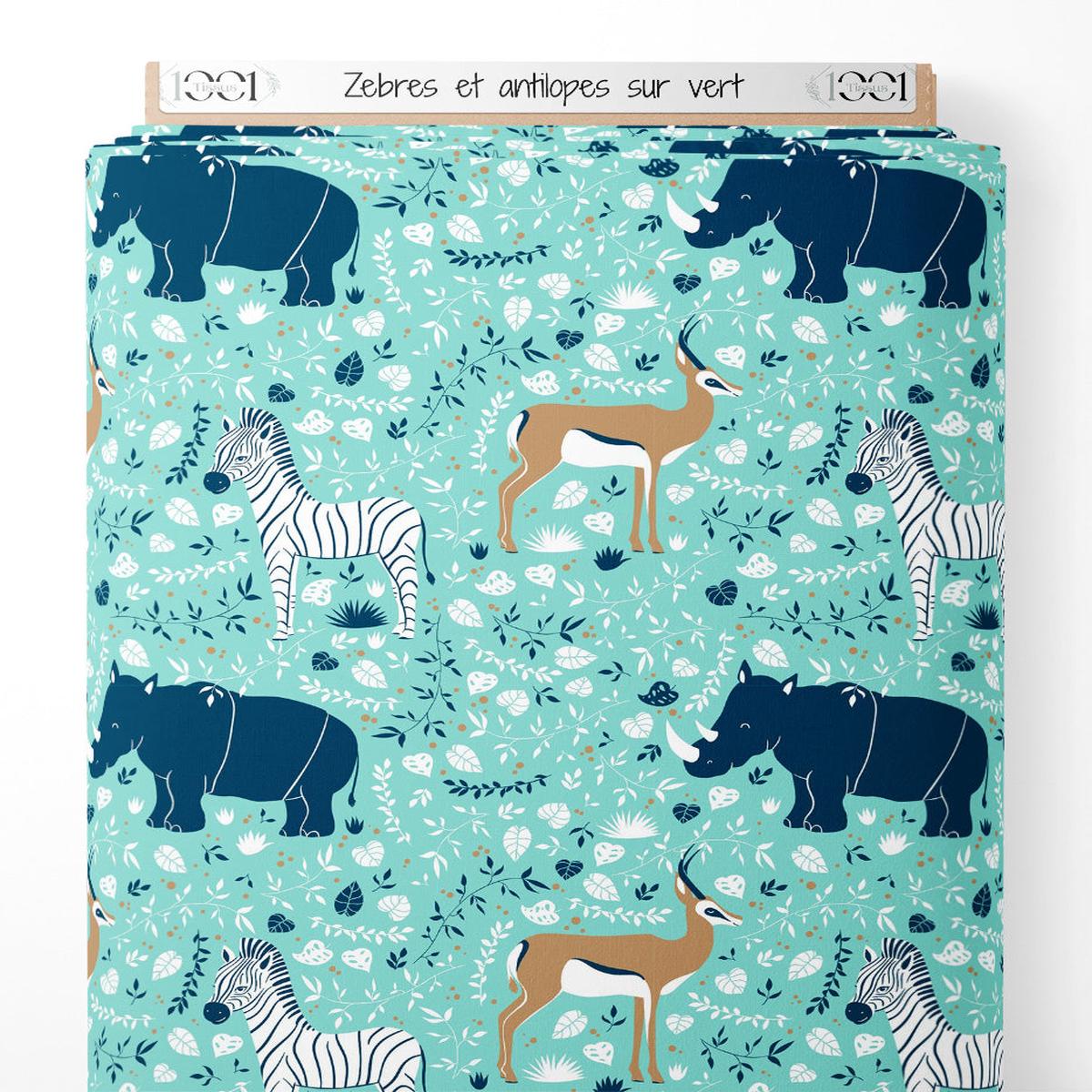 Tissu - Zbres et antilopes sur vert