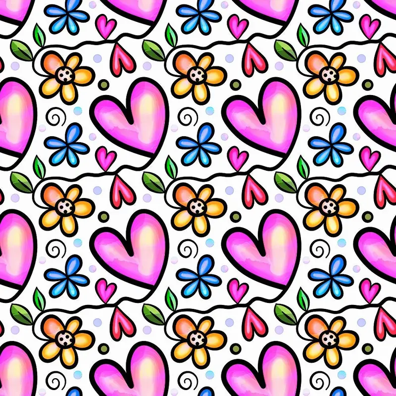 Watercolor Floral Hearts Collage #3 Fabric