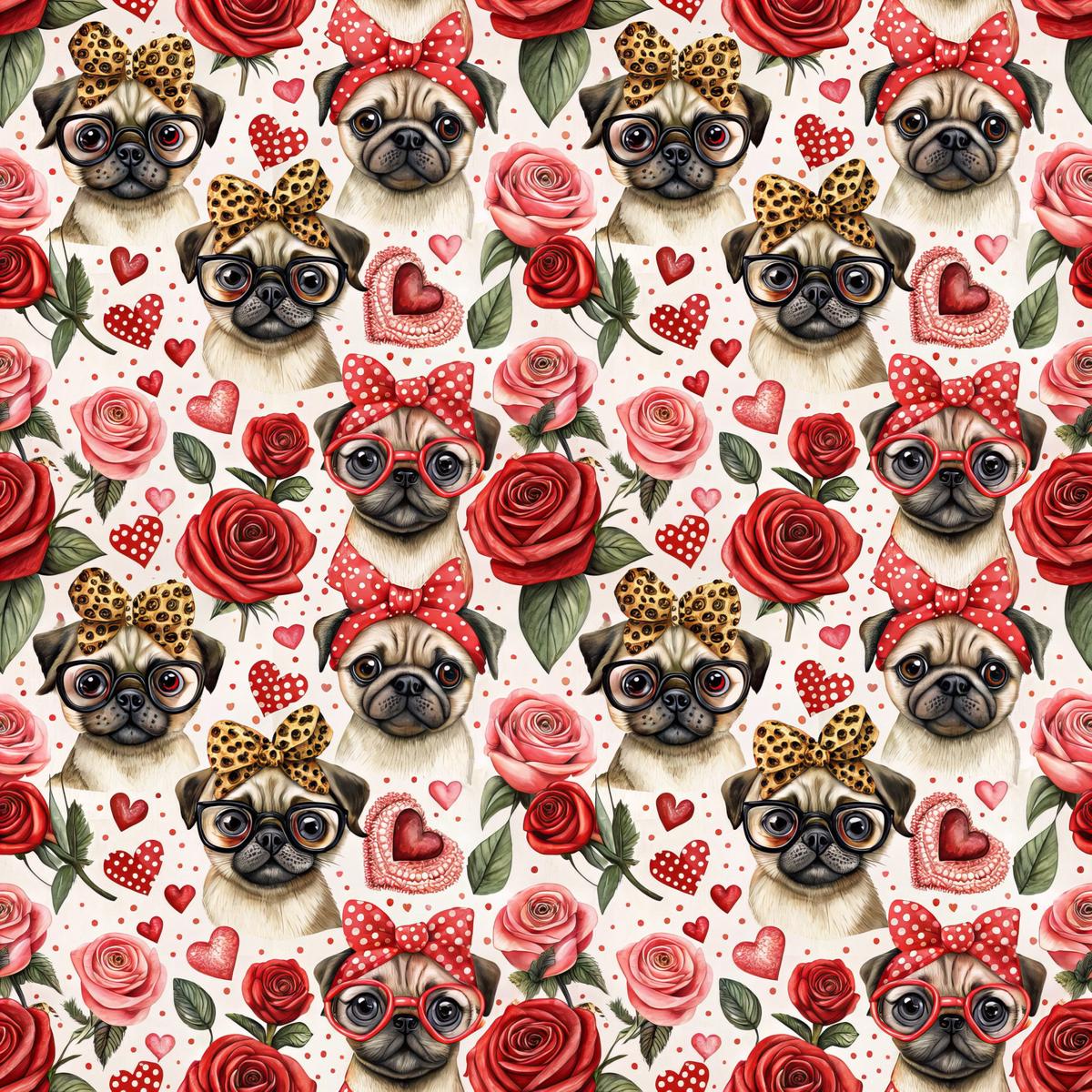 Pugs and Roses Pattern 1 Quilting Cotton Fabric