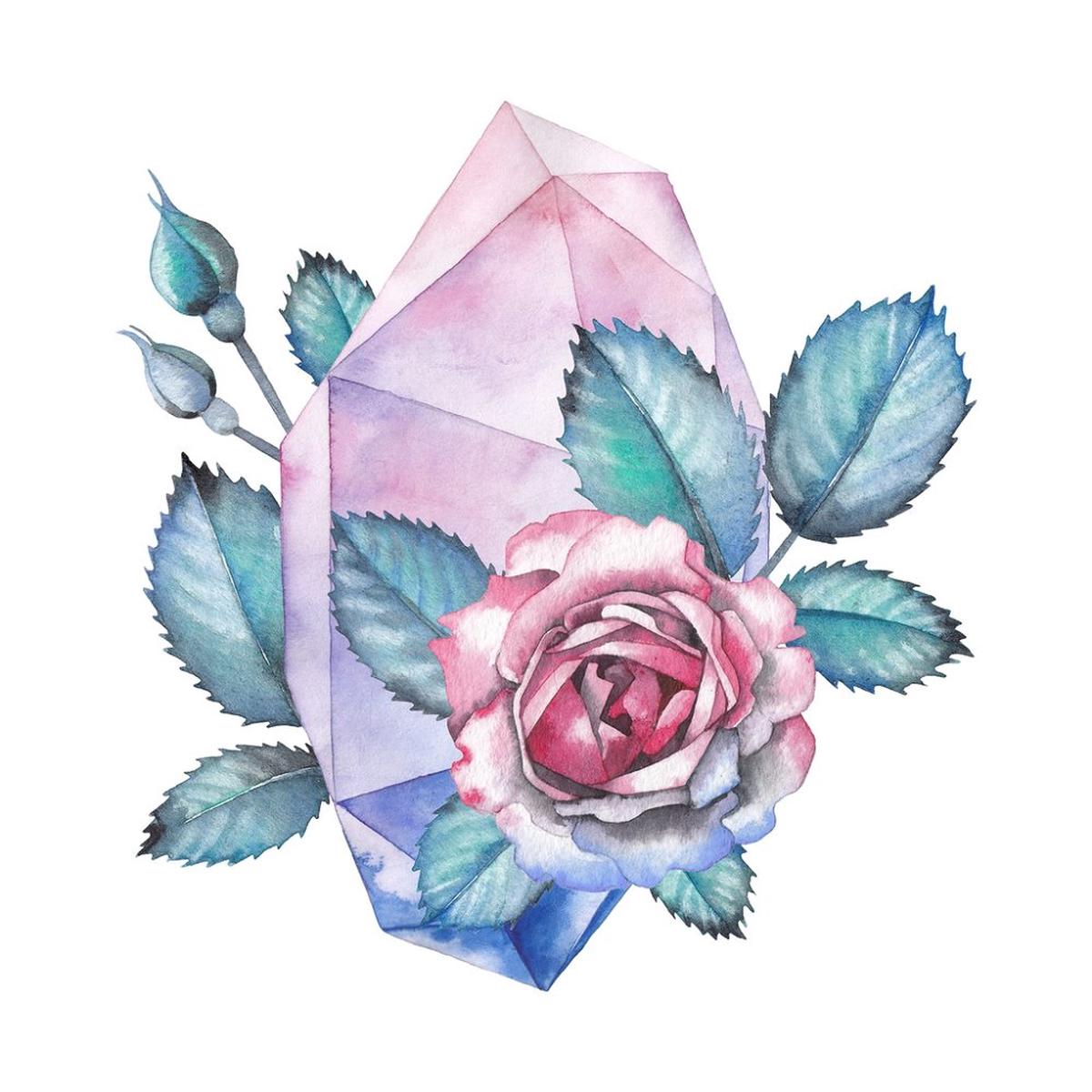 Watercolor Crystal & Rose Fabric Panel Variation 1