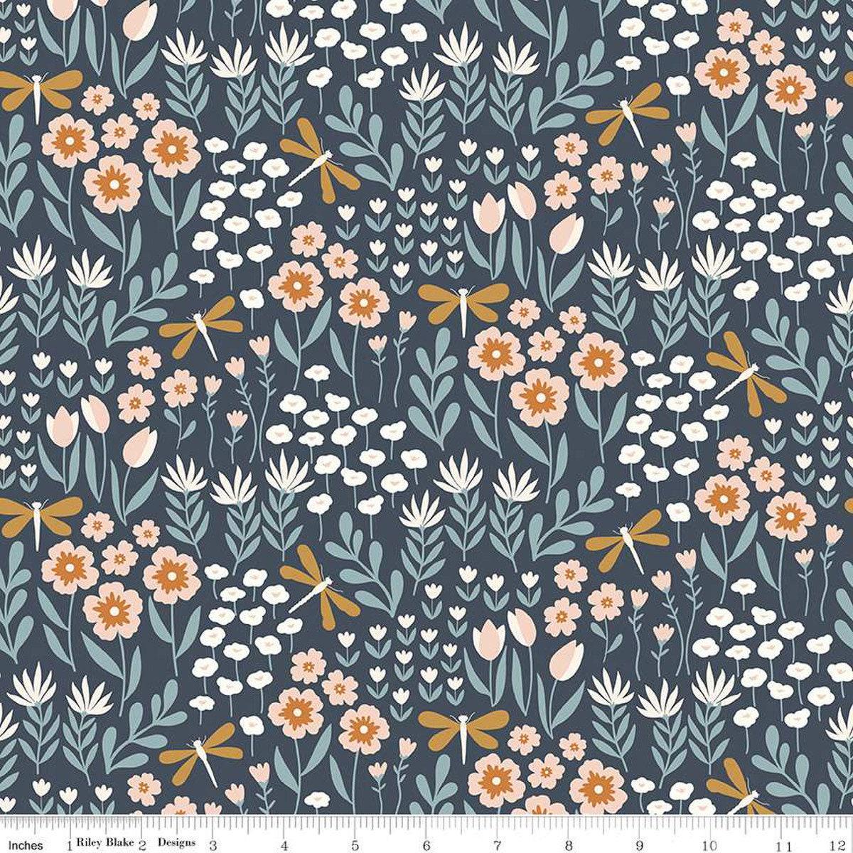 Fat Quarter End of Bolt - FLANNEL Little Swan Lakeside Floral F14693 Navy - Riley Blake Designs - Flowers Dragonflies - FLANNEL Cotton