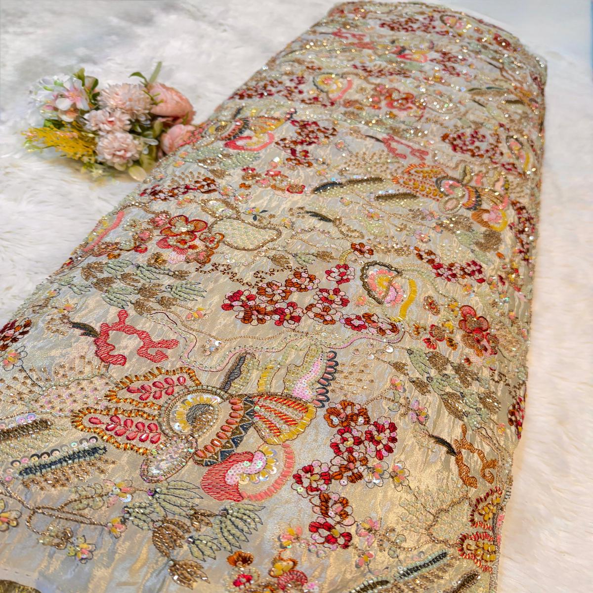 (Precut of 1 Meter) Zeba Zari tissue Handwork Embroidery 44 inch width
