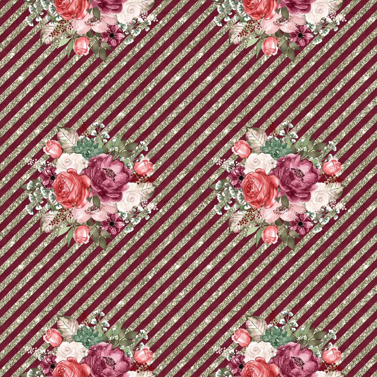 Wildflower Bouquets & Diagonal Stripes Fabric - Burgundy