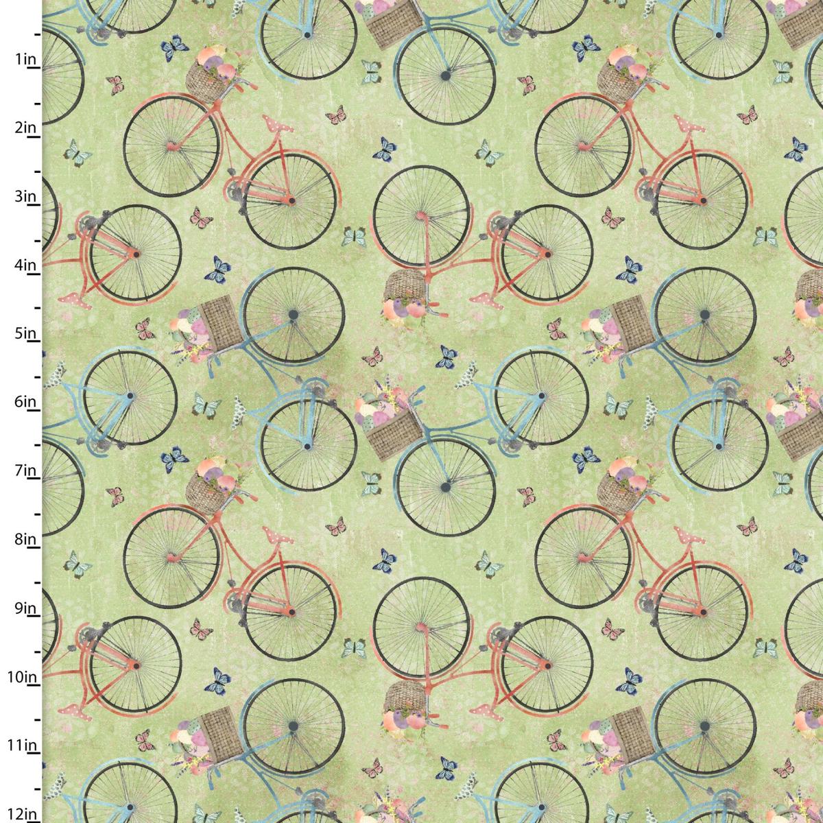 Bunny Kisses & Easter Wishes Blooming Bicycles Green Cotton Fabric