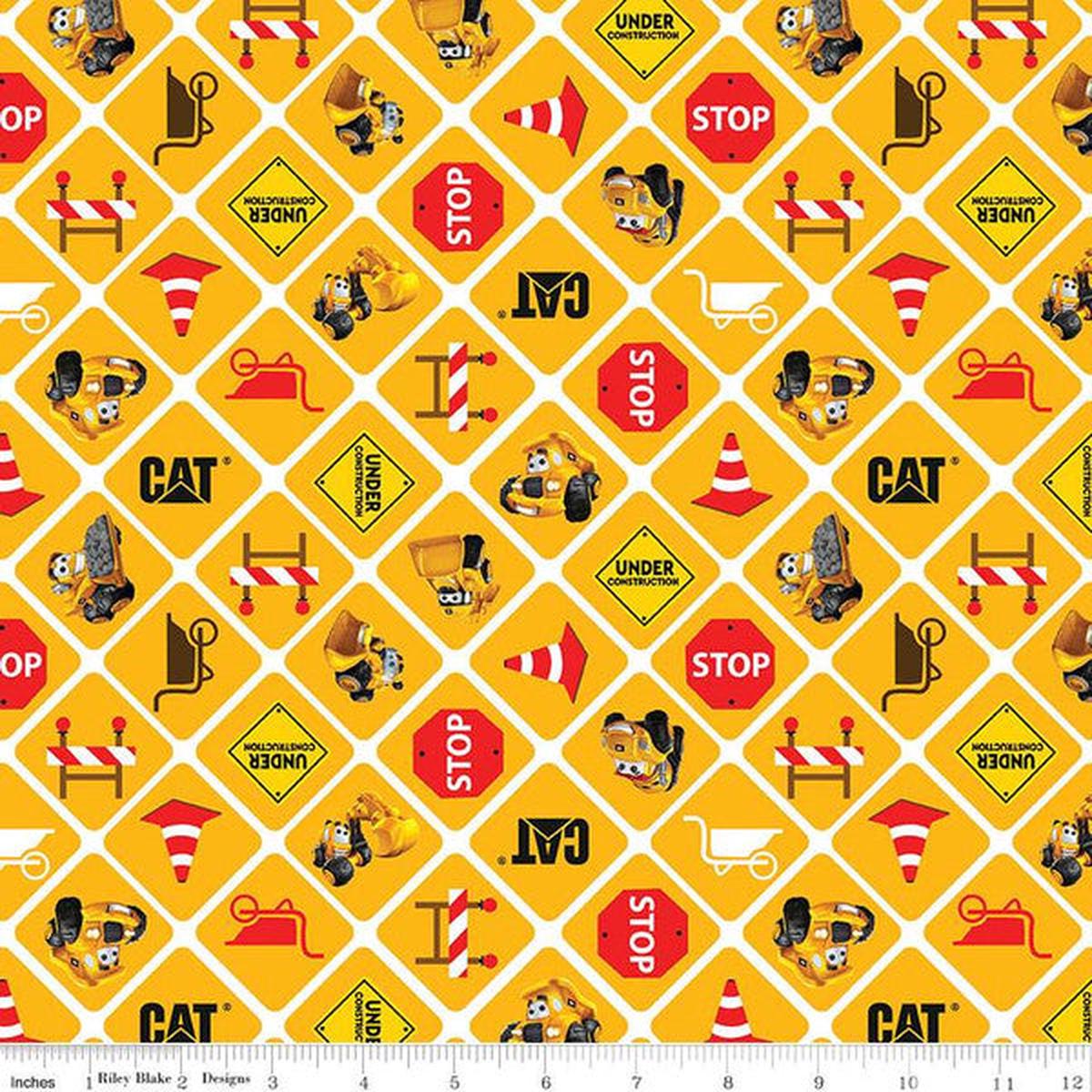 CAT Buildin' Crew Signs Yellow Cotton Fabric