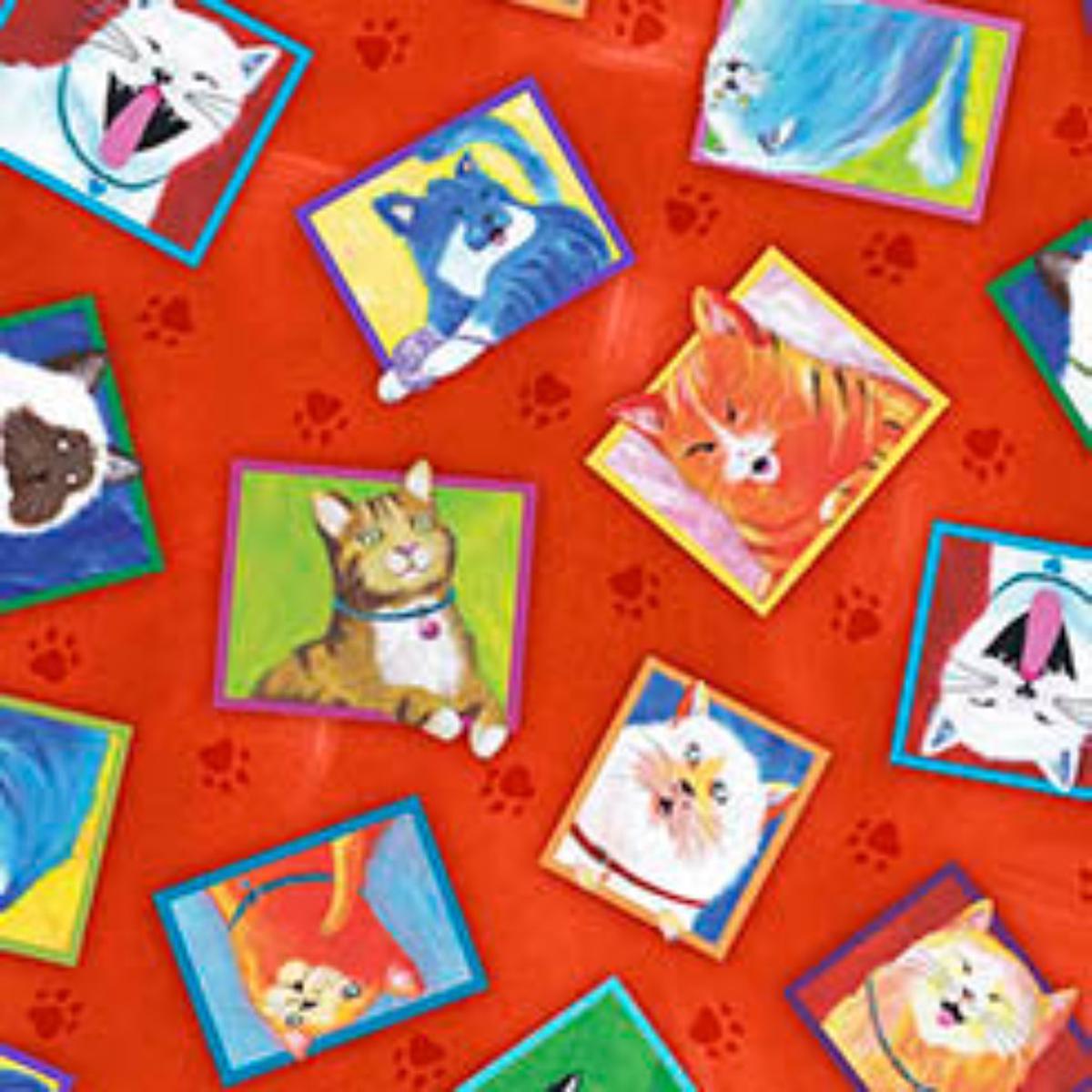 Cat Chat Frame Toss Red Cotton Fabric - Yard