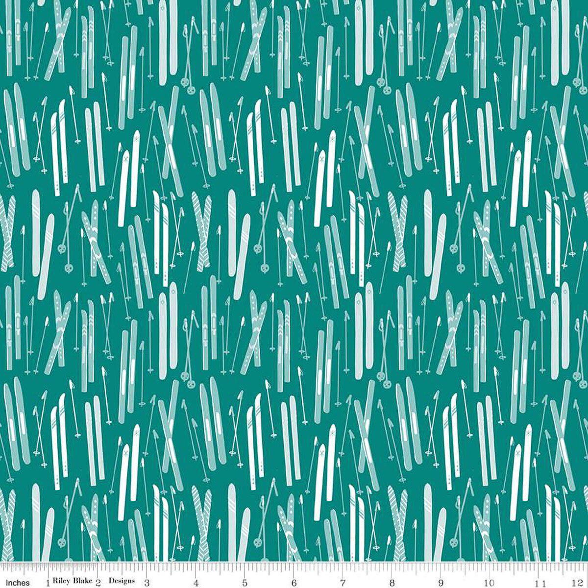 Ski Hill Skis Teal Cotton Fabric - 1 Yard
