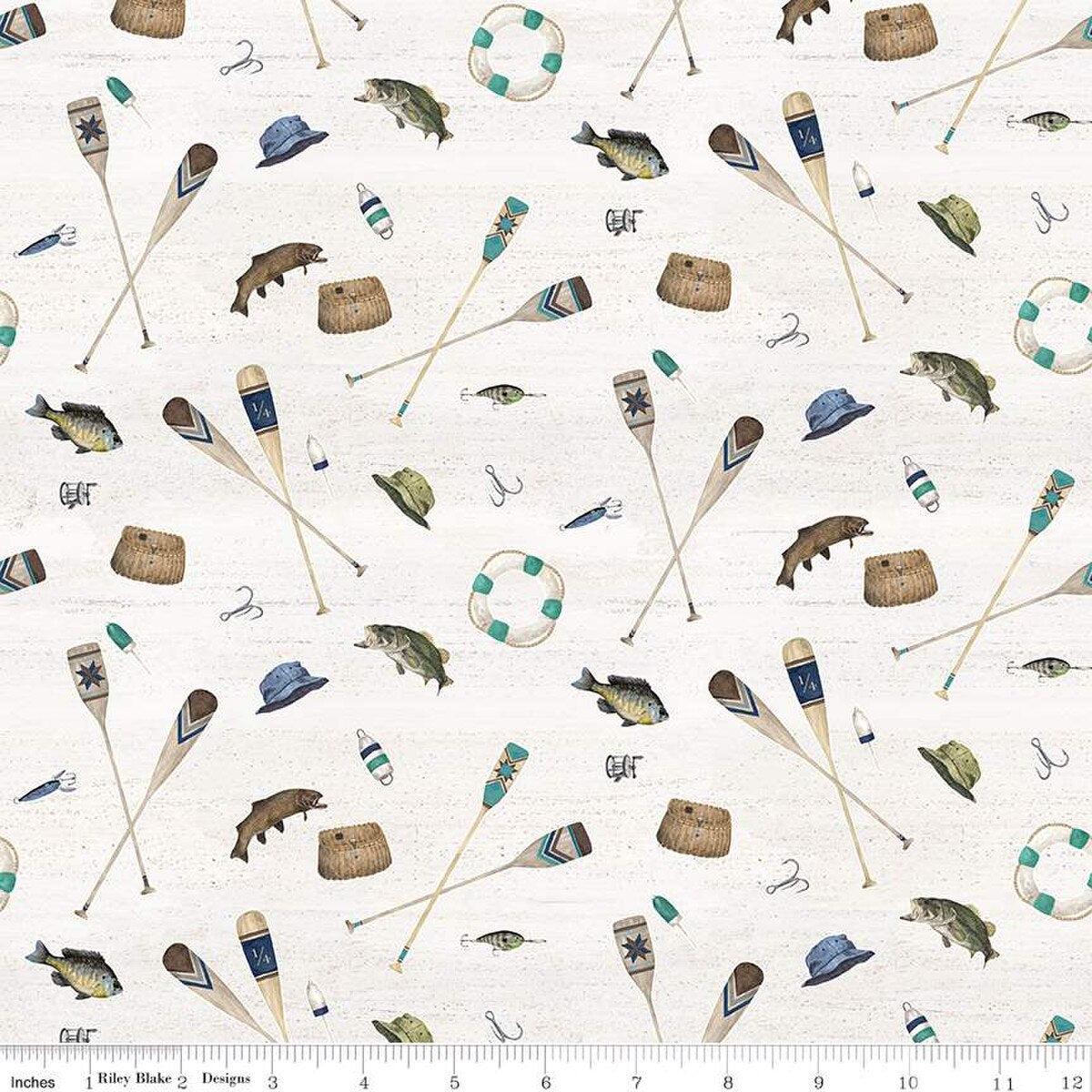 Wake at the Lake Icons Parchment Cotton Fabric - 1 yard