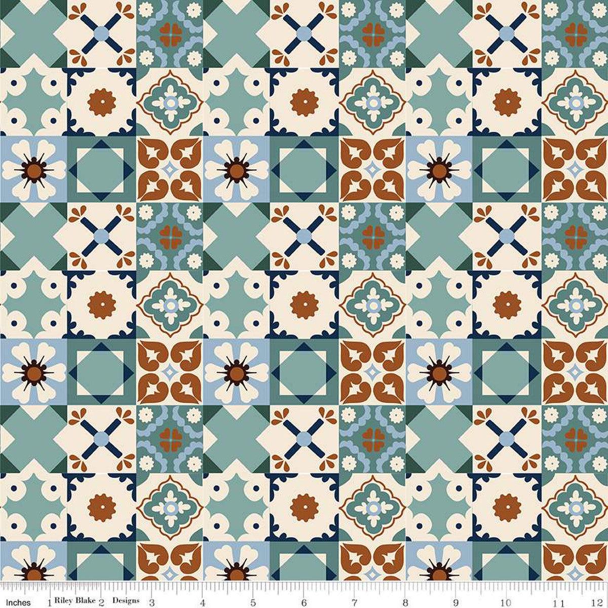 Wild Rose Tiles Teal Cotton Fabric