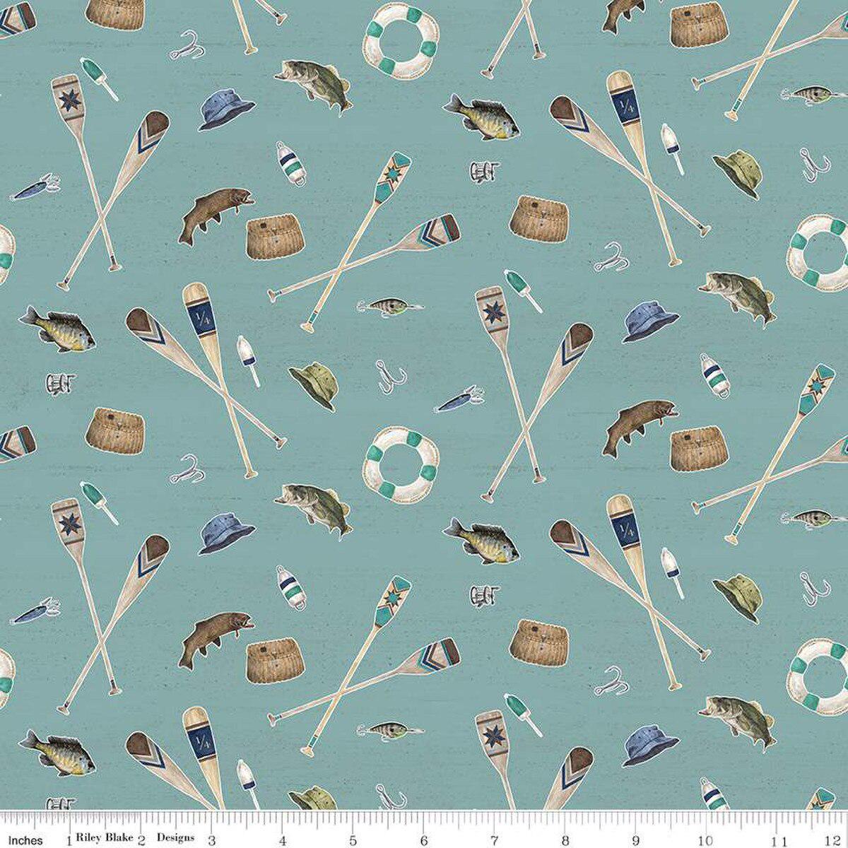 Wake at the Lake Icons Teal Cotton Fabric - 1 yard