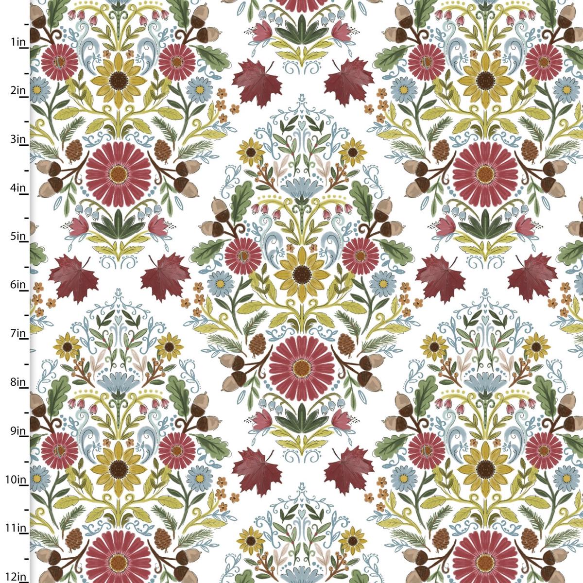 Autumn Meadow Damask Flowers White Cotton Fabric - 1 yard