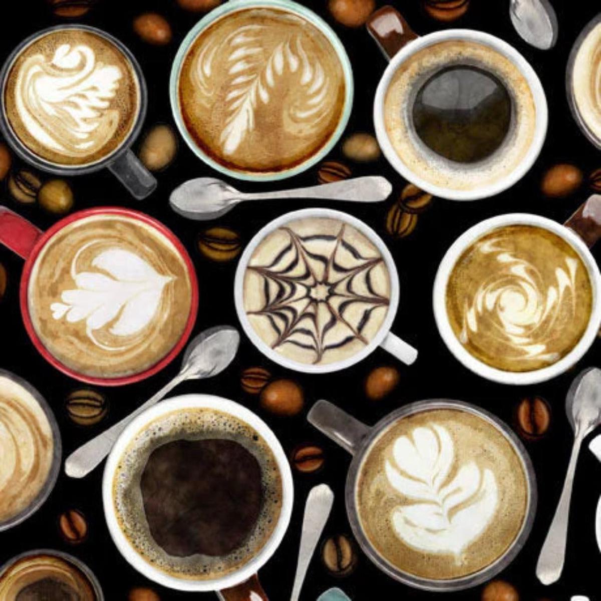 Barista Coffee Mugs on Black Cotton Fabric - 1 yard