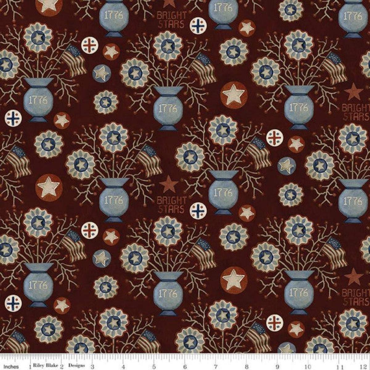 Bright Stars Vases Burgundy Patriotic Cotton Fabric - 1 yard