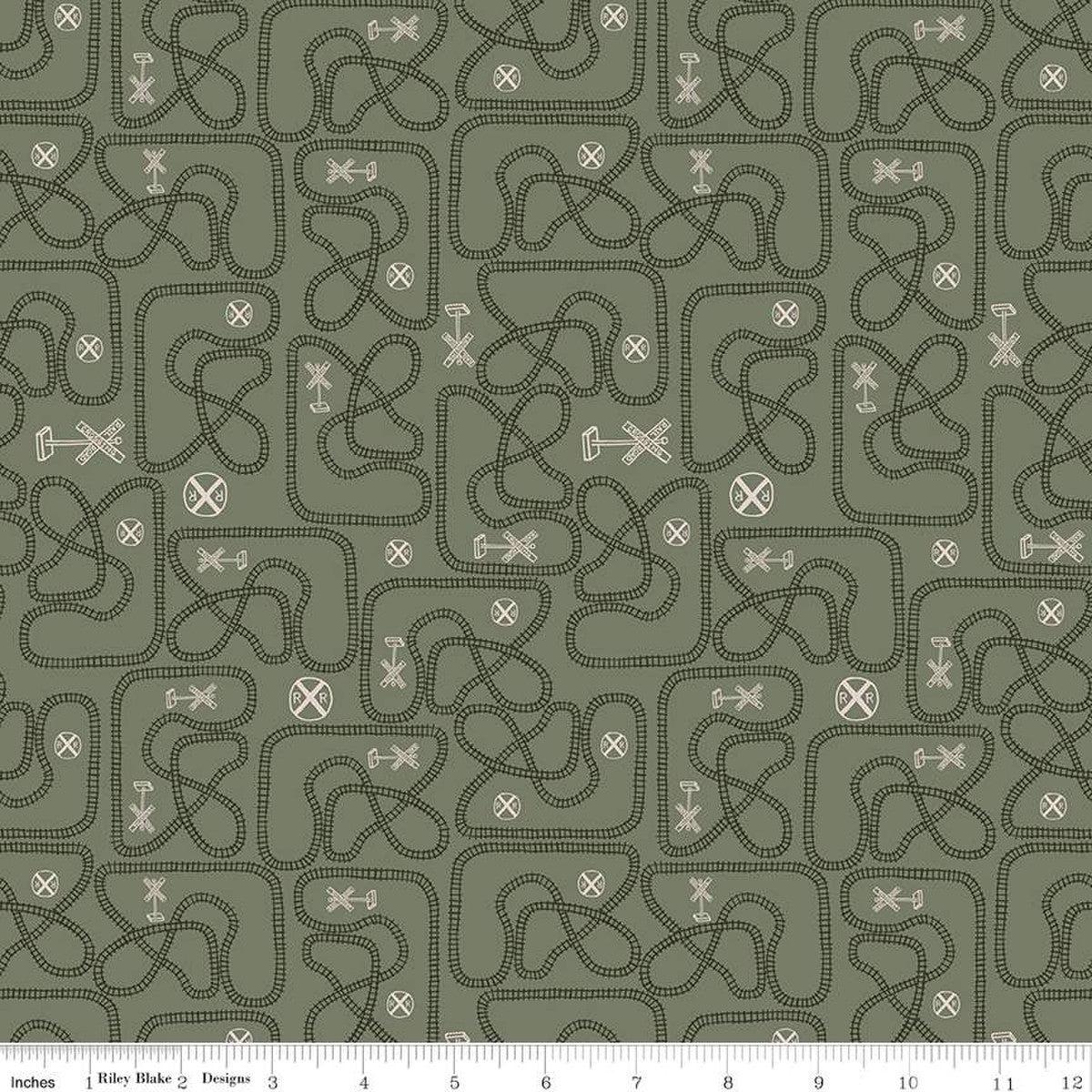 'Round the Mountain Table Tracks Pine Cotton Fabric