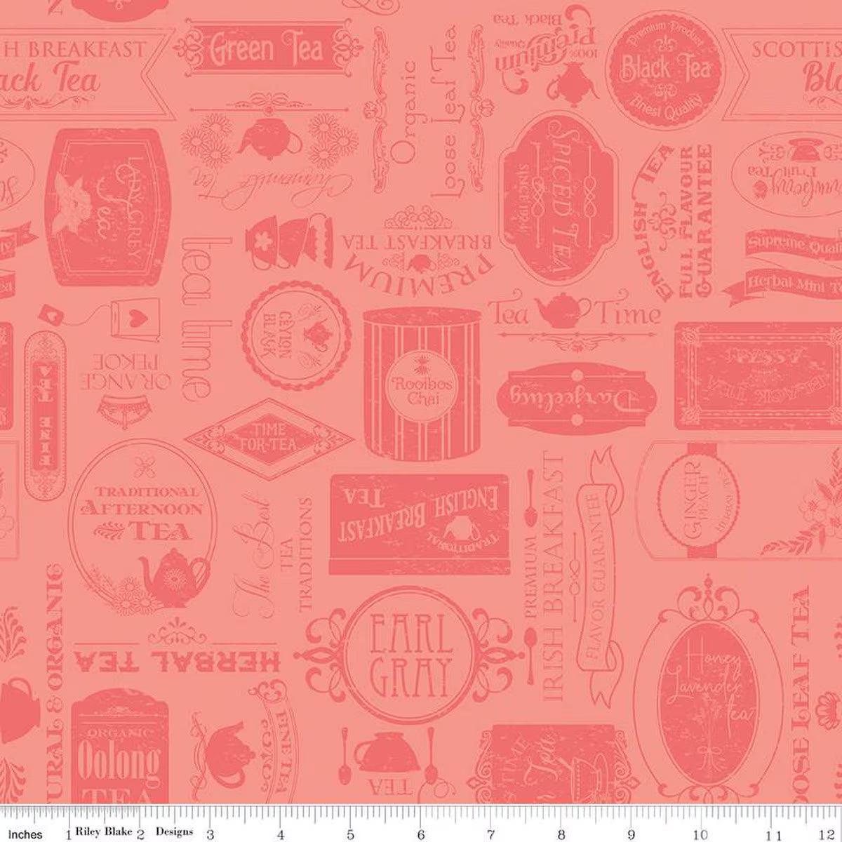Afternoon Tea Labels Salmon Cotton Fabric