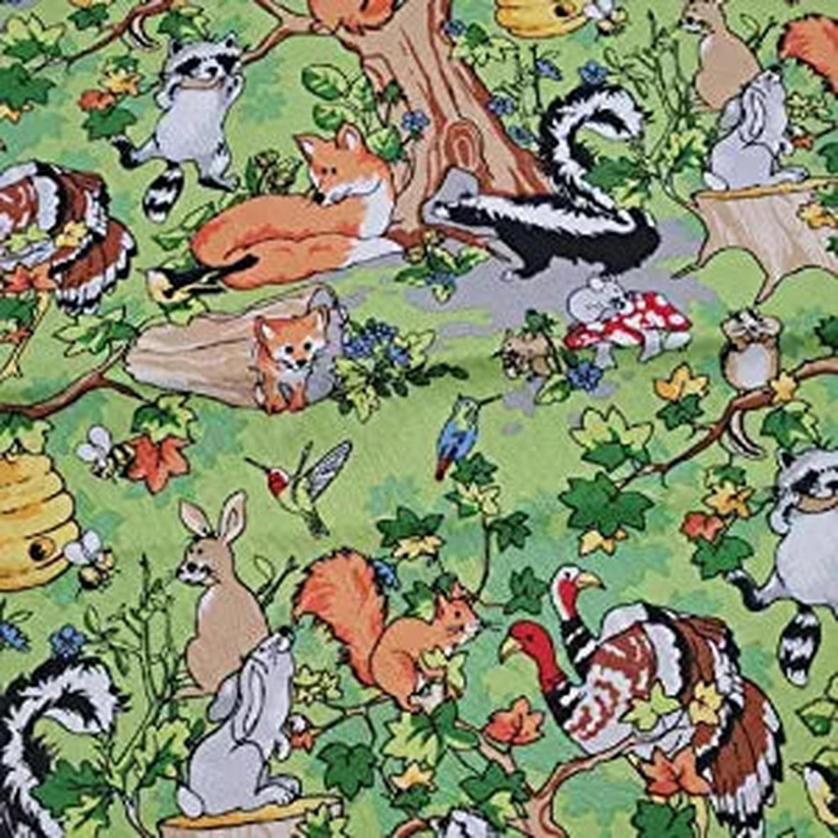 Baby Animals Cartoon Green Forest Cotton Fabric - 1 Yard