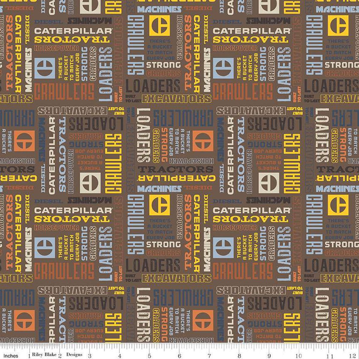 Vintage Caterpillar Text Brown Cotton Fabric