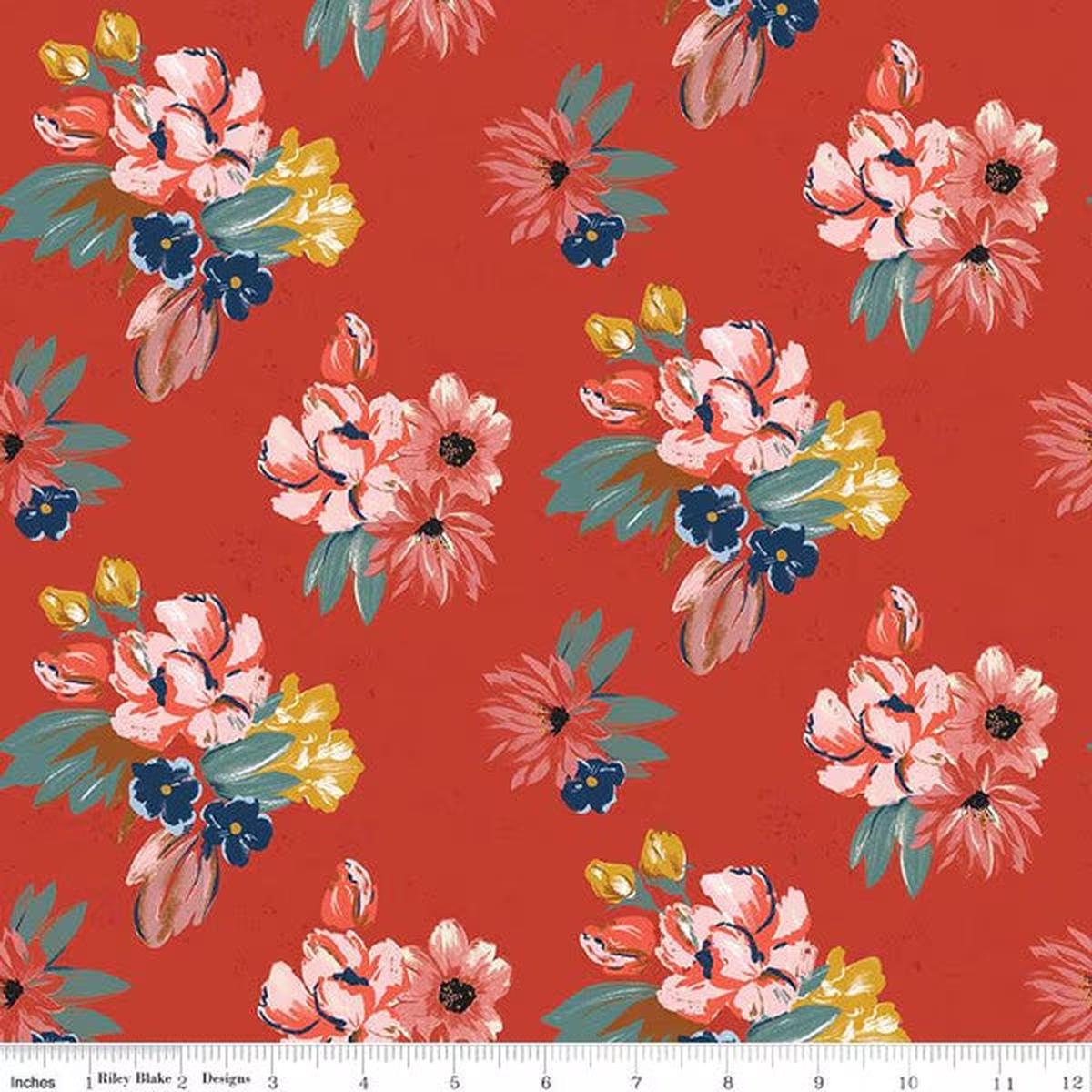 Wild Rose Floral Red Cotton Fabric - 1 yard