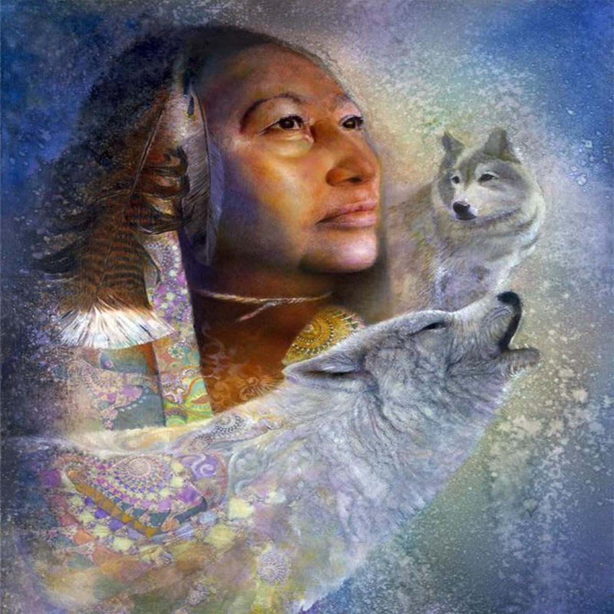 Native American Spirits the Mist Wolf Panel 368243 Multi Digital Printed David Textiles Cotton Fabric DT-AL-3769 -9C-1