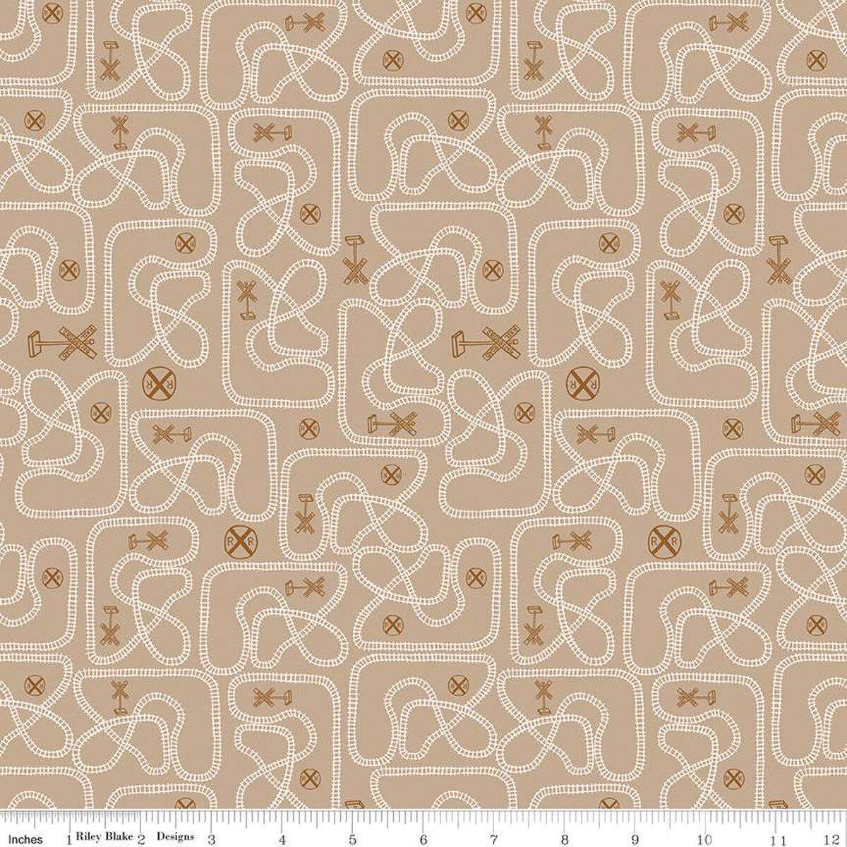 'Round the Mountain Table Tracks Tan Cotton Fabric - 1 yard